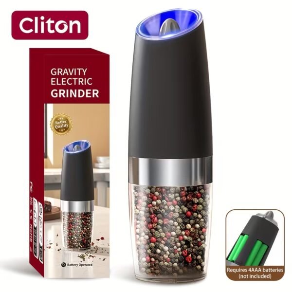 Battery Operated Salt And Pepper Grinder Set with LED Light, Automatic Electric Gravity Salt And Pepper Shakers Set, Each 6 AAA Batteries Needed, Adjustable Roughness, 2 Pack (Black)