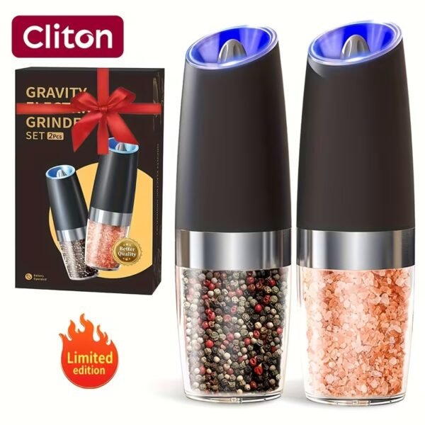 Battery Operated Salt And Pepper Grinder Set with LED Light, Automatic Electric Gravity Salt And Pepper Shakers Set, Each 6 AAA Batteries Needed, Adjustable Roughness, 2 Pack (Black)