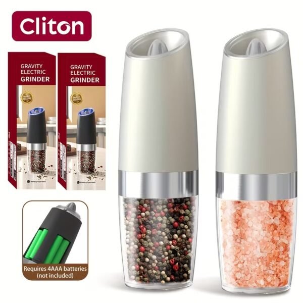 Battery Operated Salt And Pepper Grinder Set with LED Light, Automatic Electric Gravity Salt And Pepper Shakers Set, Each 6 AAA Batteries Needed, Adjustable Roughness, 2 Pack (Black)
