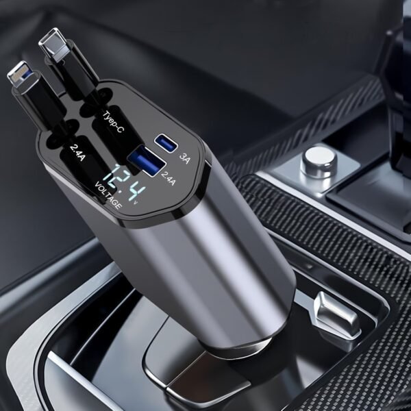 Retractable Car Charger, 4 in 1 Fast Charging Car Charger with USB-C & USB-A, Compatible with iPhone 17/16/15/14/13/12/11,Galaxy,Pixel, Car Accessories for Men Women Drivers