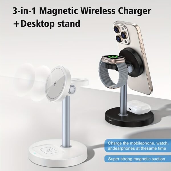 XDS3: 3-in-1 Wireless Charging Stand – Charging Station for iPhone, Apple Watch, and AirPods – MagSafe Compatible, Qi2 Certified – Includes  USB-C Wall Charger and 6.5-Foot USB-C Cable