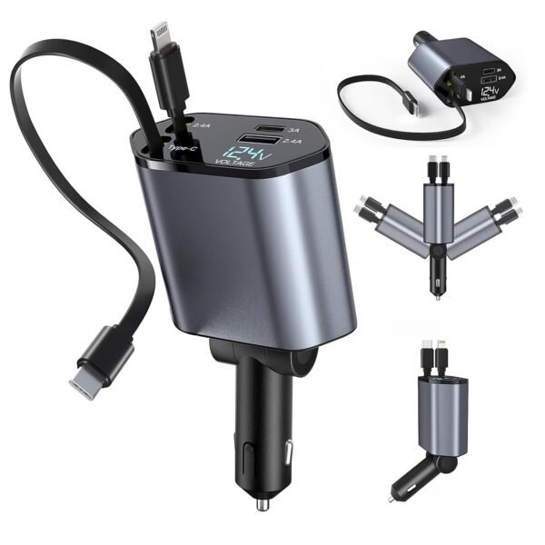 Retractable Car Charger, 4 in 1 Fast Charging Car Charger with USB-C & USB-A, Compatible with iPhone 17/16/15/14/13/12/11,Galaxy,Pixel, Car Accessories for Men Women Drivers