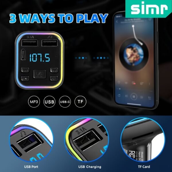 54W Bluetooth 5.3 Car Adapter Charger 4-Port Fast Charging [PD36W & QC3.0 18W], Wireless Radio FM Transmitter with Deep Bass Player, 5 Colors LED Backlit, Hands-Free Calling, Support USB Drive