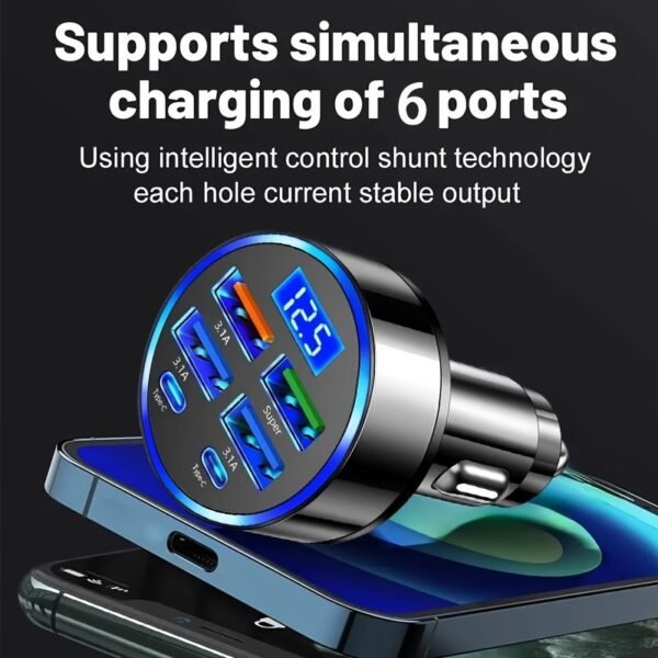 120W 6-Port Fast Car Charger USB-C with LED Voltage Display, Multi Port Cigarette Lighter Adapter for iPhone, Android