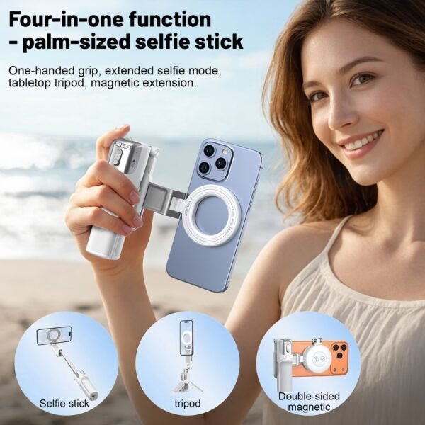 MQOUNY for Magsafe Tripod Stand for iPhone,Portable Pocket Size Selfie Stick with Rechargeable Remote and Metal Ring,Extendable Detachable Cell Phone Tripod Compatible with iPhone/Android