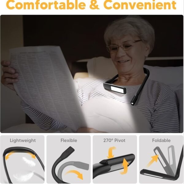 Glocusent Bendable Neck Light, 1600mAh Rechargeable Book Light for 100 Hrs, 5 Colors & Stepless Dimming Reading Light - Perfect Book Light for Reading in Bed, Knitting, Book Lovers Gifts