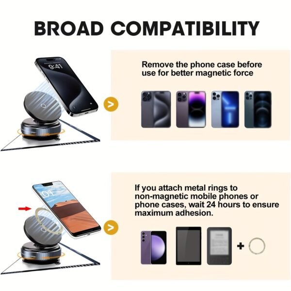 Upgraded Nano Gel Vacuum Magnetic Car Phone Holder for MagSafe 360° Adjustable, [100+LBS Suction & 3000gf Magnetic] Suction Cup Phone Mount for Your Car/Gym/Mirror Mount for iPhone & Android