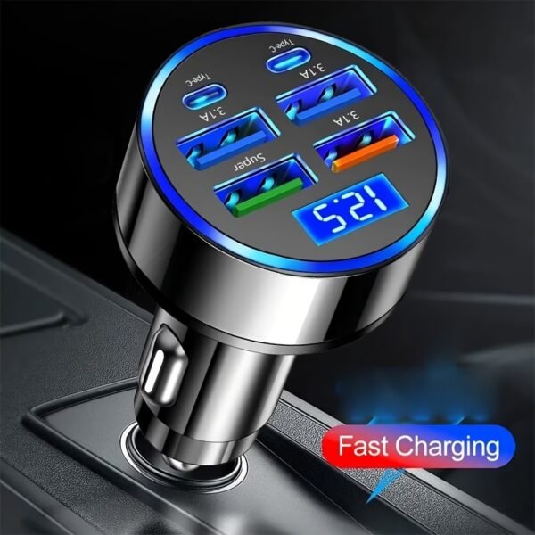 120W 6-Port Fast Car Charger USB-C with LED Voltage Display, Multi Port Cigarette Lighter Adapter for iPhone, Android