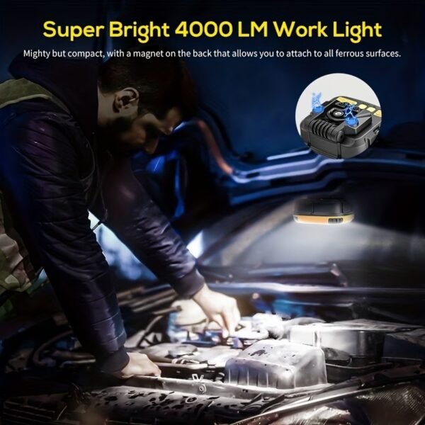 6000mAh Magnetic Work Light Rechargeable with 4000 Lumen IP65 Waterproof, 30H Runtime, 4 Brightness & 4 Color Modes with Red SOS, Strong Magnet Base for Car Repair, Camping, Emergency 1PC