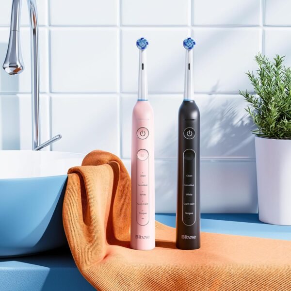 Bitvae Rotating Electric Toothbrush 2 Packs for Adults with Pressure Sensor, Gifts for MenWomen, 5 Modes Rechargeable Power Toothbrush with 8 Brush Heads, Black & Pink, R2