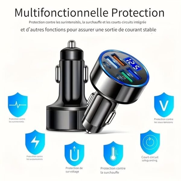 120W 6-Port Fast Car Charger USB-C with LED Voltage Display, Multi Port Cigarette Lighter Adapter for iPhone, Android