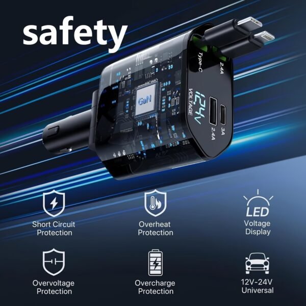 Retractable Car Charger, 4 in 1 Fast Charging Car Charger with USB-C & USB-A, Compatible with iPhone 17/16/15/14/13/12/11,Galaxy,Pixel, Car Accessories for Men Women Drivers