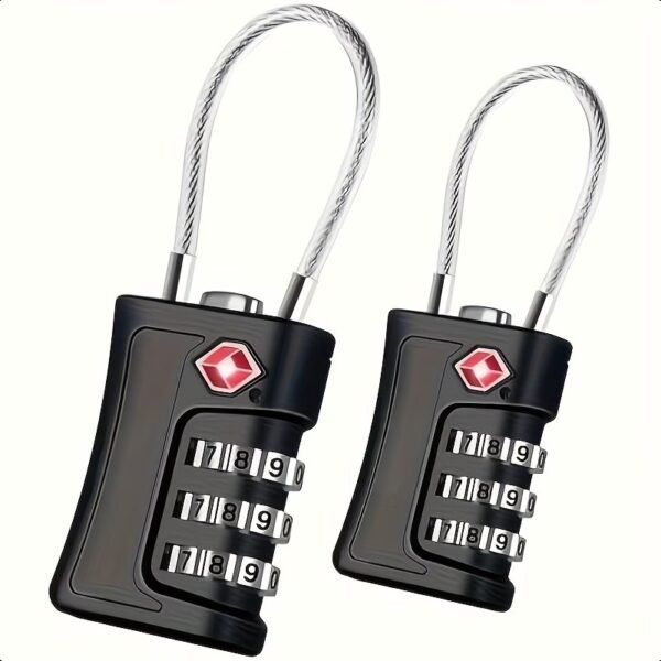 TSA Approved Cable Luggage Locks, Re-settable Combination with Alloy Body, Black 2 Locks.
