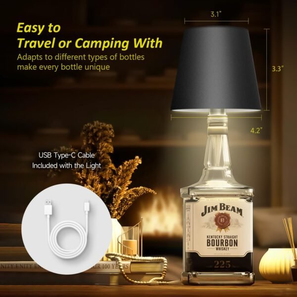 2025 New Wireless Bottle Lamp - LED Bottle Lights for Liquor & Wine Bottles, Cordless Lampshade, Whiskey Bottle Top Light, Bottle Stopper Night Light Kit, Rechargeable 3-Tone Touch-Dimmable