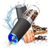 Battery Operated Salt And Pepper Grinder Set with LED Light, Automatic Electric Gravity Salt And Pepper Shakers Set, Each 6 AAA Batteries Needed, Adjustable Roughness, 2 Pack (Black)