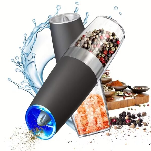 Battery Operated Salt And Pepper Grinder Set with LED Light, Automatic Electric Gravity Salt And Pepper Shakers Set, Each 6 AAA Batteries Needed, Adjustable Roughness, 2 Pack (Black)