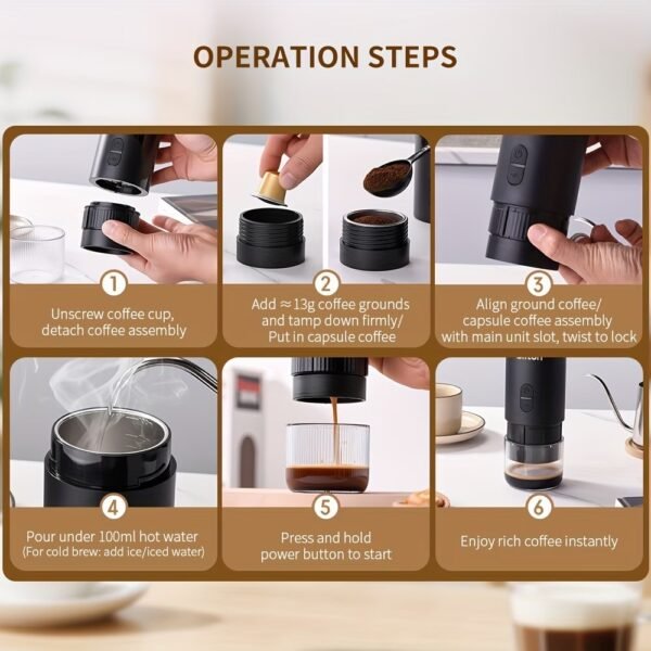 Portable Espresso Machine for Travel, Travel Coffee Maker Self Heating with USB-C, 20 Bar Coffee Machine 3in1 Compatible with Ground Coffee, Nespresso Capsule & DG Pods for Camping - Grey