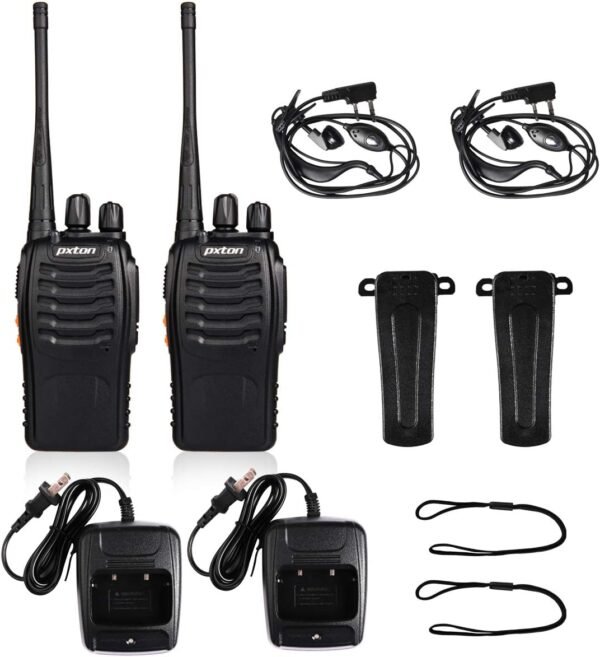 pxton Walkie Talkies Rechargeable Long Range Two-Way Radios with Earpieces,2-Way Radios UHF Handheld Transceiver Walky Talky with Flashlight Li-ion Battery and Charger（2 Pack）