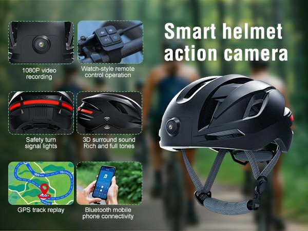Smart Bike Helmet with Cameras Dual HD Front & Rear Video Recorder for Ebike & Electric Scooter, Bluetooth App Control Action Cam Helmet, CPSC Certified (Black)