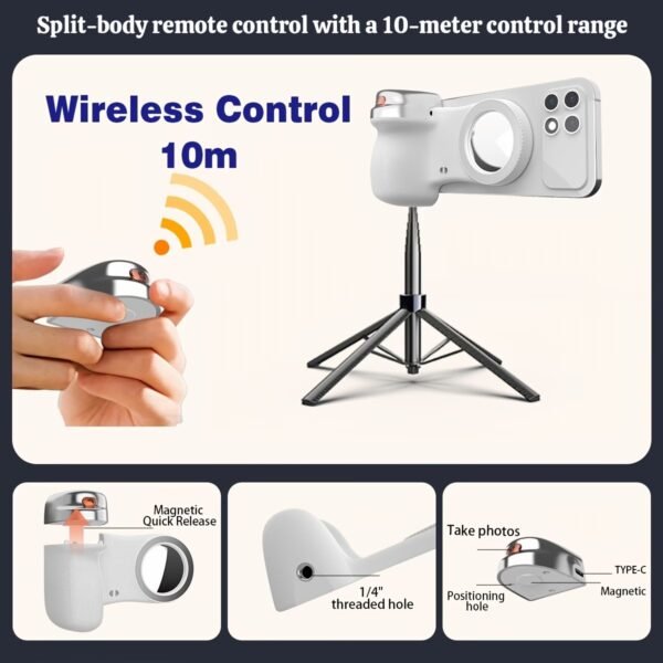 Phone Camera Grip with Selfie Ring Light & Detachable Bluetooth Remote Control, TikTok Scrolling Remote Shutter, Cold Shoe for Light/Mic, Compatible with iPhone & Android Phone