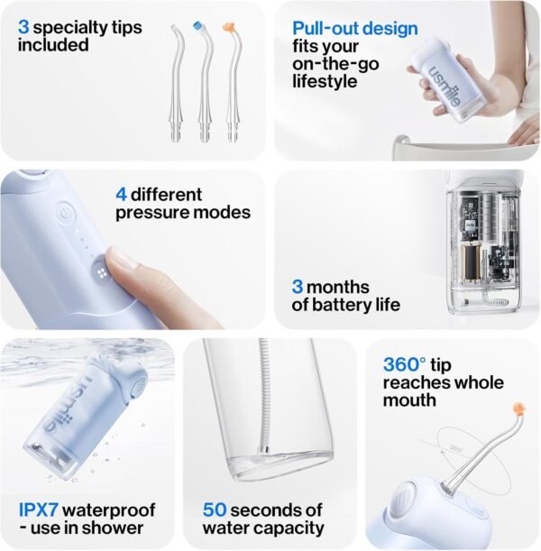 usmile C10 Portable Water Flosser for Travel – 95-Day Battery, 4 Modes, 360° Nozzle, 180ml Tank, IPX7 Waterproof, Dentist-Recommended for Braces, Implants & Sensitive Gums (Blue)