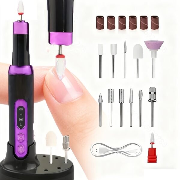 Electric Nail Drill Kit, Electric Nail File Cordless Nail Drill Machine for Acrylic Gel Dip Powder Nails, Professional Portable Manicure Pedicure Rechargeable Lightweight for Home Salon Use