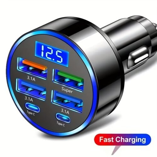 120W 6-Port Fast Car Charger USB-C with LED Voltage Display, Multi Port Cigarette Lighter Adapter for iPhone, Android