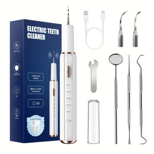 Plaque Remover for Teeth, Dental Cleaning Kit Tartar Remover for Teeth with LED Light & 5 Modes, Rechargeable Dental Cleaner, 4 Replaceable Heads