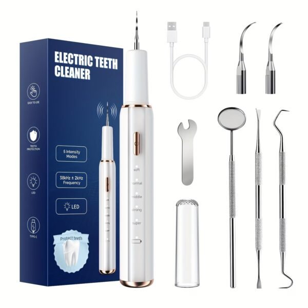 Plaque Remover for Teeth, Dental Cleaning Kit Tartar Remover for Teeth with LED Light & 5 Modes, Rechargeable Dental Cleaner, 4 Replaceable Heads