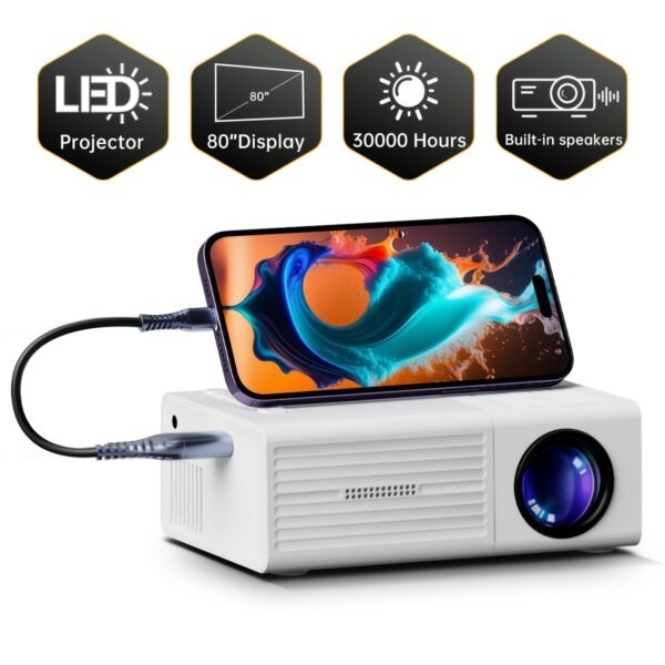Portable projector, supports 1080P, USB connection, remote control - compatible with smartphones, tablets, laptops, TV sticks, 1280720 native resolution, large screen display, modern projector