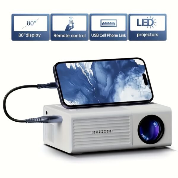 Portable projector, supports 1080P, USB connection, remote control - compatible with smartphones, tablets, laptops, TV sticks, 1280720 native resolution, large screen display, modern projector