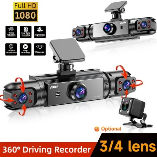 AXH 360 ° panoramic 34 lens channel 1080P high-definition ultimate safety driving recorder set, 1080P front and 720P front, back, left, right full coverage, four screen display, high-definition night vision, WDR, G sensor